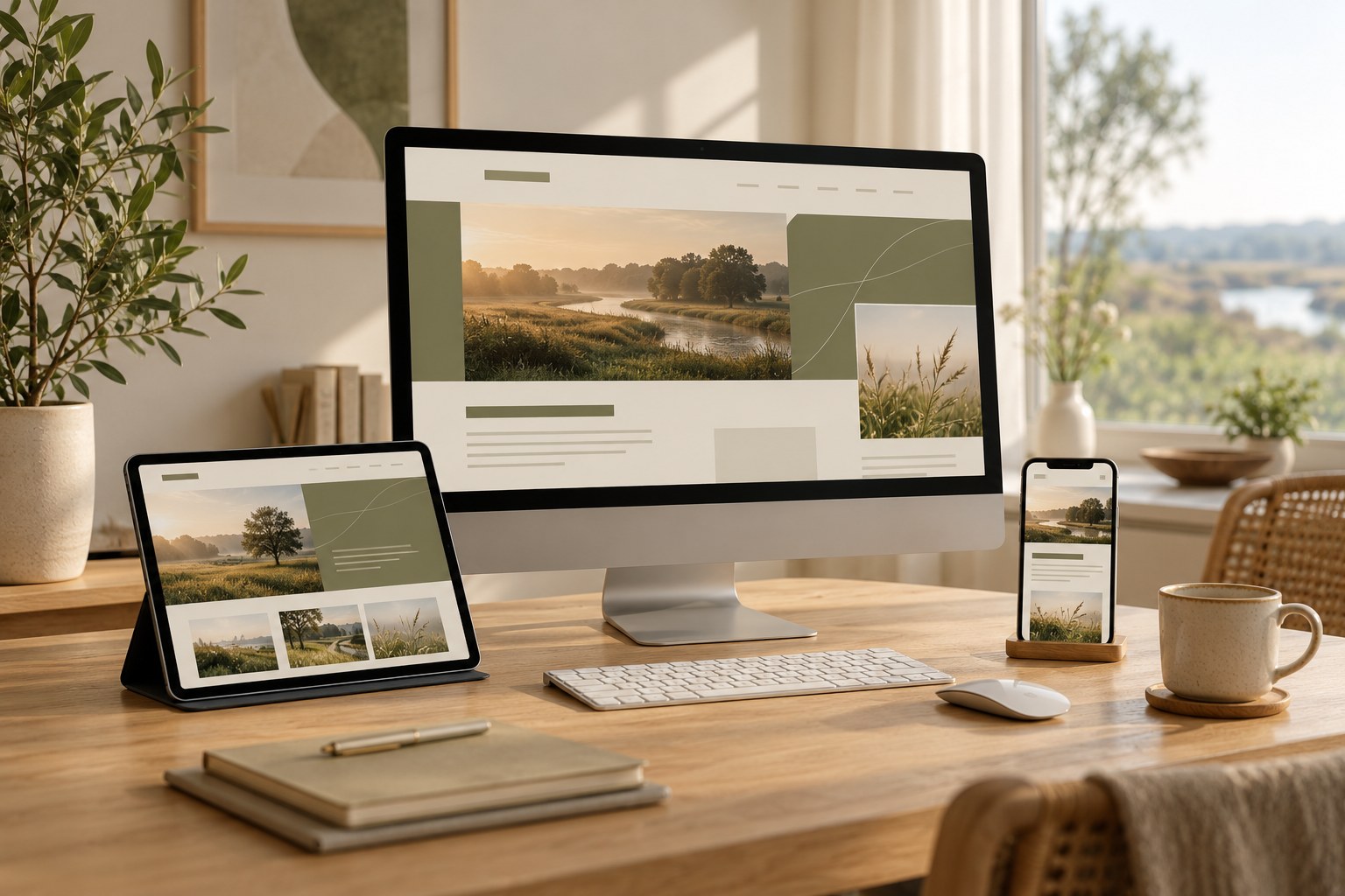 Illustration eines hellen Arbeitsplatzes mit Website auf verschiedenen Geräten